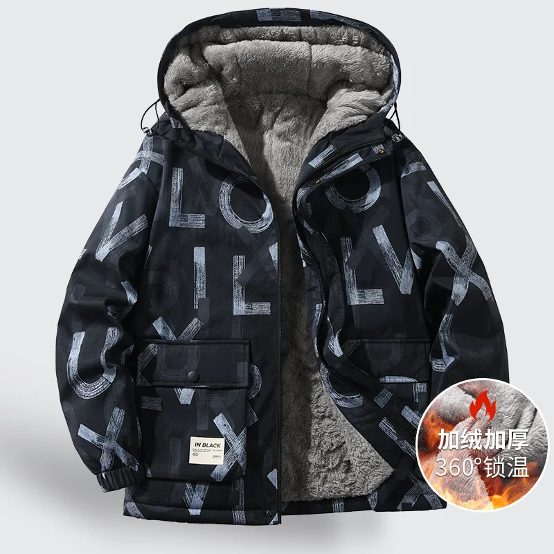 2024 Autumn/Winter Fashion Printed and Fleece Thick Warm Hooded Jacket For Men Casual Loose Plus Size Cotton-Padded Jacket M-4XL