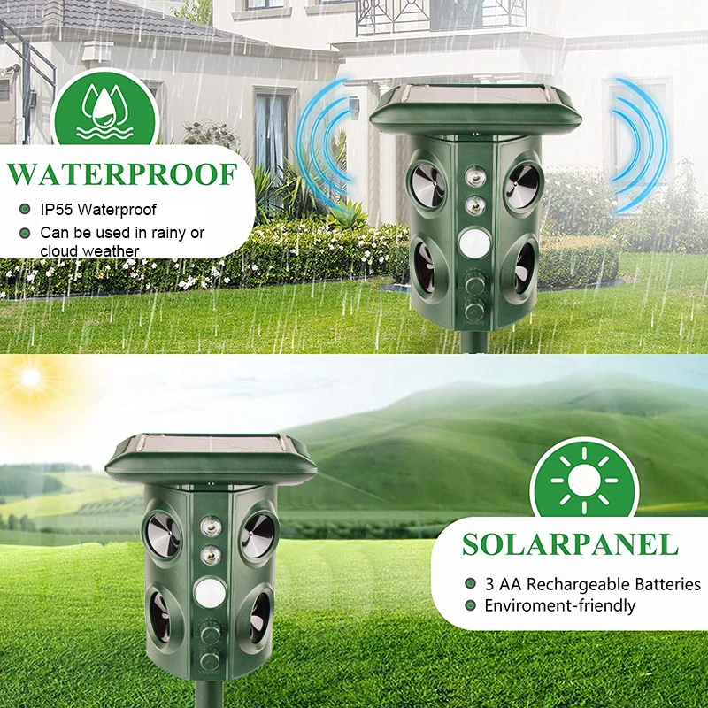 Solar Ultrasonic Repeller 2024 Animal Deterrent Devices Outdoor with Motion Sensor & Flashing Light Repelling Squirrels,Raccoon