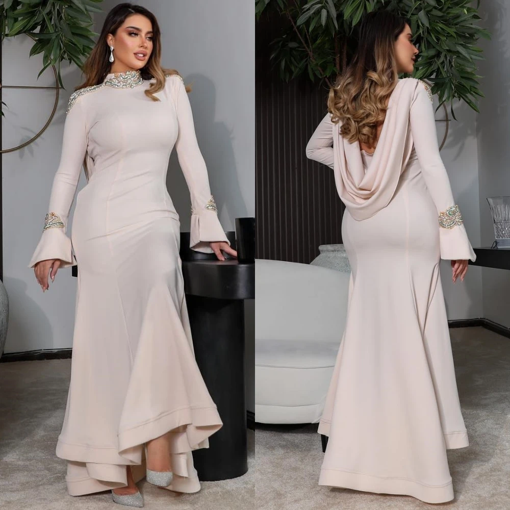 Vestido de baile de noite personalizado, cetim, miçangas, linha a, gola alta, sob medida, midi, arábia saudita