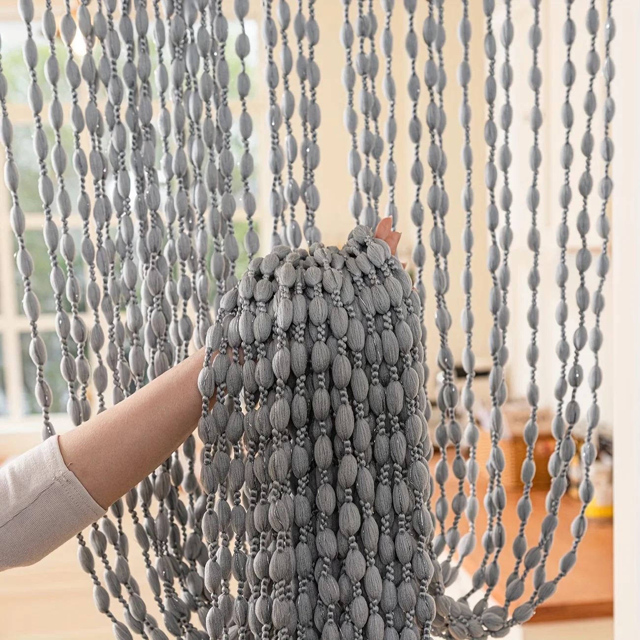 1PC Boho Rod Pocket Lantern Ball Curtain, Champagne White Black Grey Color Decorative Door String Curtain Room Divider