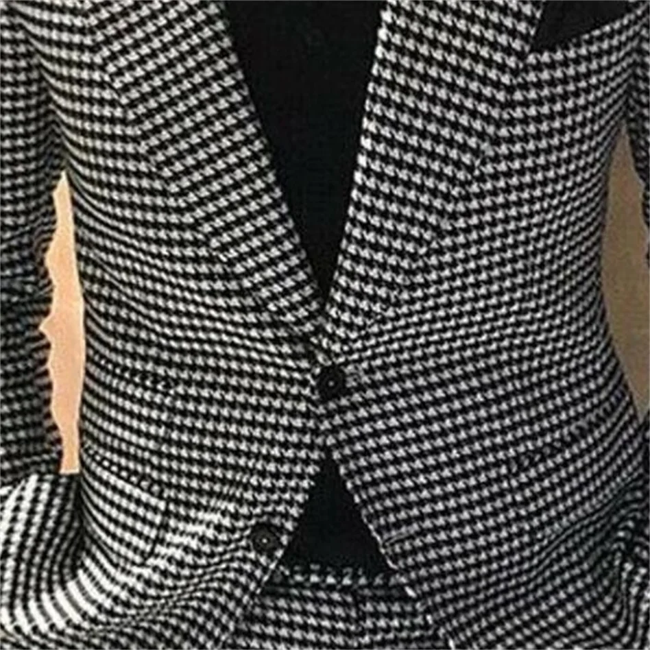 แฟชั่นสีดำสีขาว Houndstooth Tweed ชายชุด Slim Fit 2ปุ่มเจ้าบ่าว Prom Prom งานแต่งงาน Tuxedos Custom Made 2ชิ้น