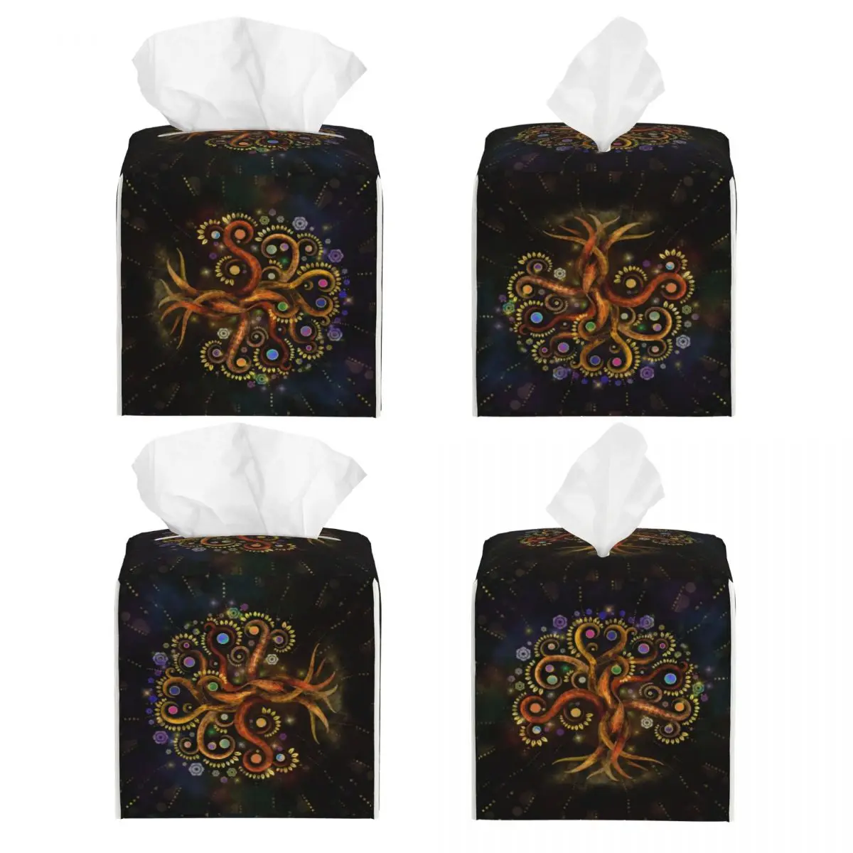 Custom Tree Of Life Yggdrasil Rainbow Swirl Tissue Box Cover PU Leather Square Facial Tissues Holder for Car