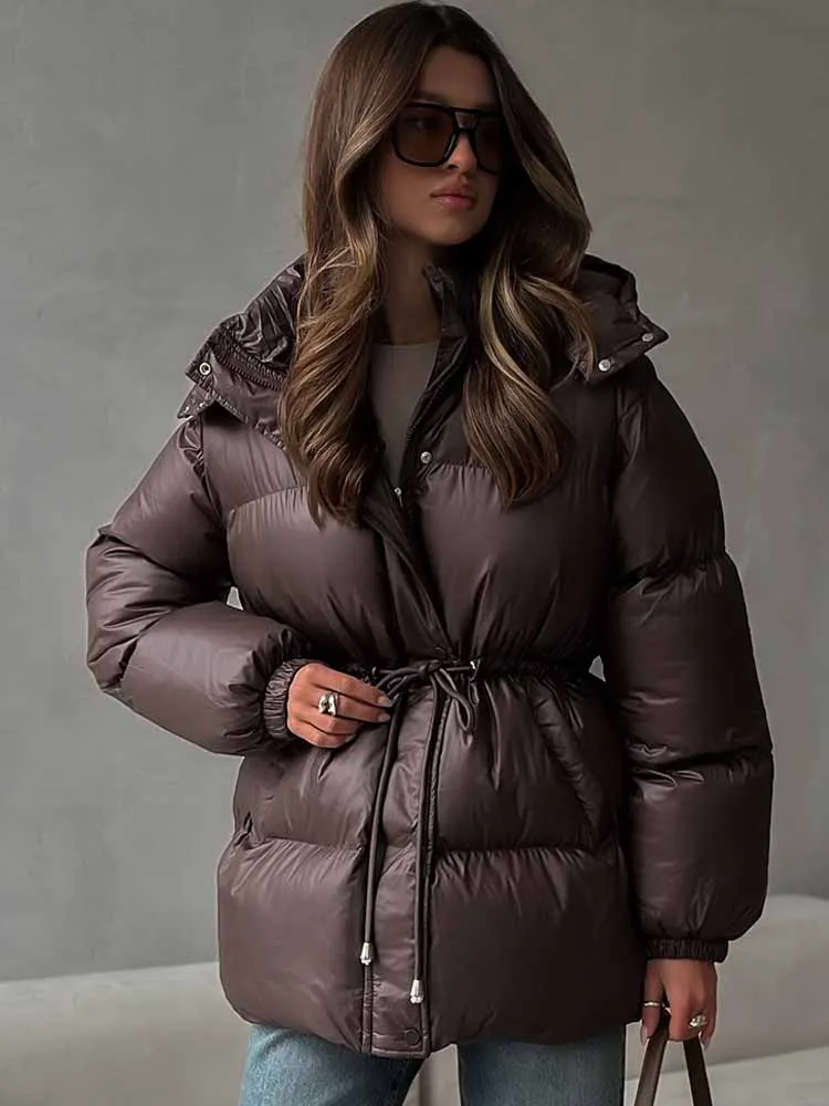 

Winter Thicken Hooded Padded Jacket Women Casual Solid Drawstring Waist Lace Up Zip Parker Coats 2025 Female Street Warm Outwear