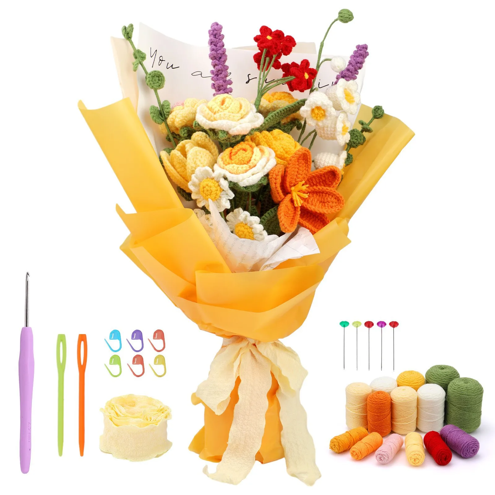 

1Pcs Crochet Bouquet of Flowers Kit With Instruction Knitting Yarn Thread Needles Hooks Easy Knit Accessories Set DIY Craft