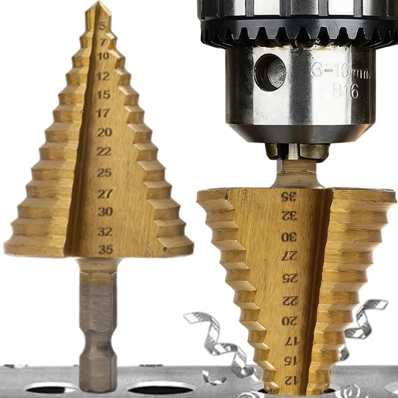 

5-35 мм металлические шестигранные корончатые сверла с титановым покрытием, быстрорежущая сталь, ступенчатое сверло, конусное отверстие, резак для дерева, ПВХ, конус, метрическая