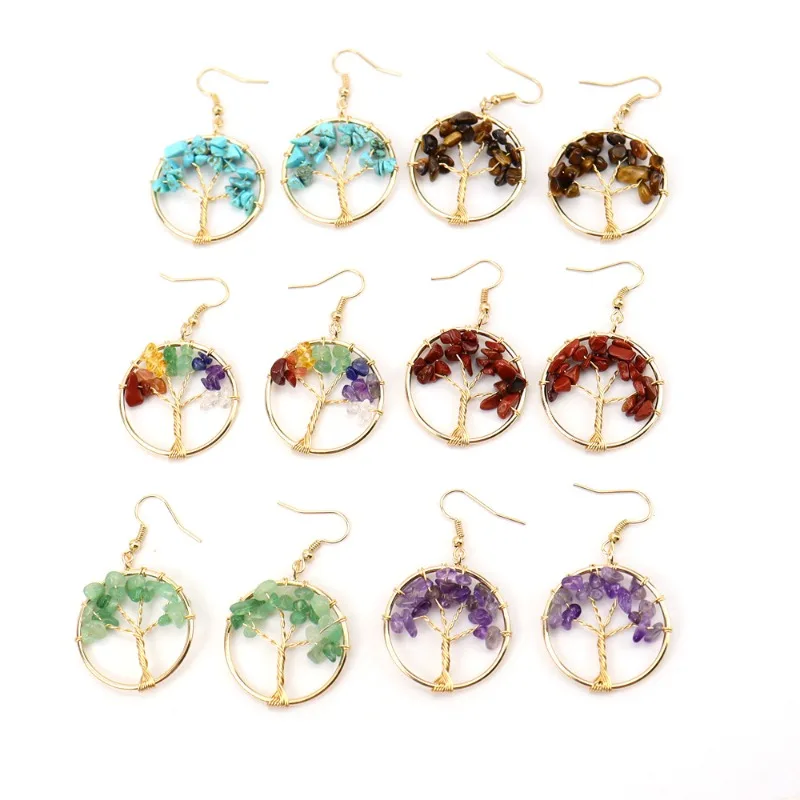 

10pair Wire Wrapped Chakra Chip Stone Crystal Beads Earrings 30mm Tree of Life Charms Dangle Gold Hook Ear Jewelry Making