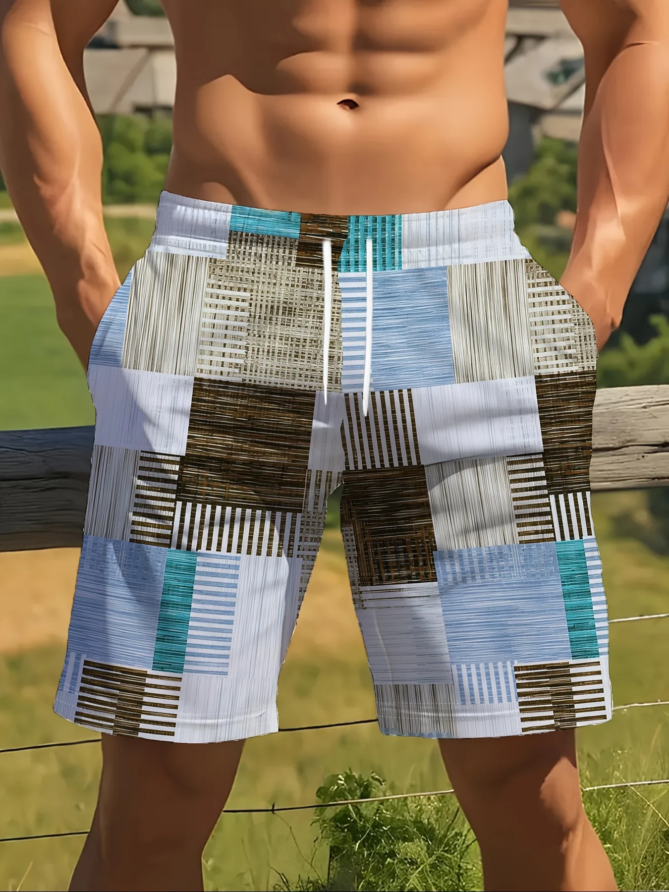 Men's Blue Brown White Geometric Patchwork Checkered Print Quick Dry Swim Shorts, Drawstring Beach Trunks with Pockets