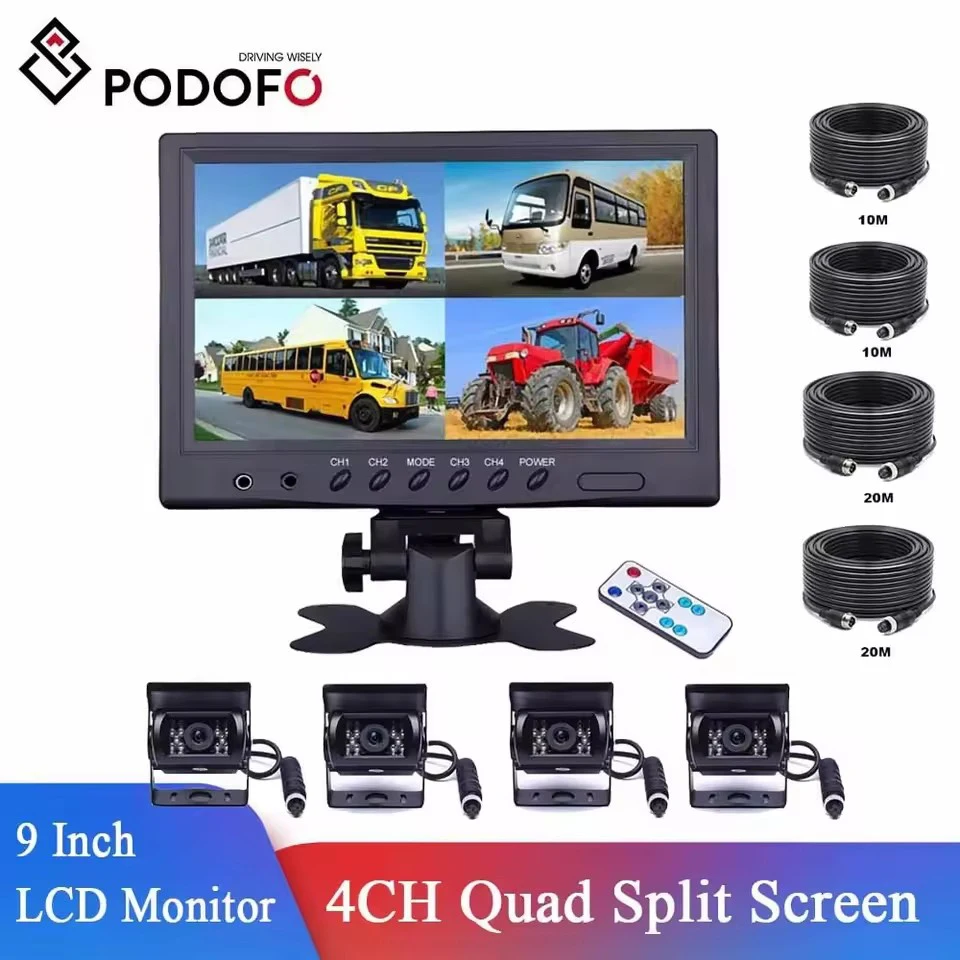 Podofo Vehicle Car Rear View 9" LCD Monitor 4CH Quad Split Screen 4Pin for Bus Truck Caravan Van Motorhome Camper Parking Camera