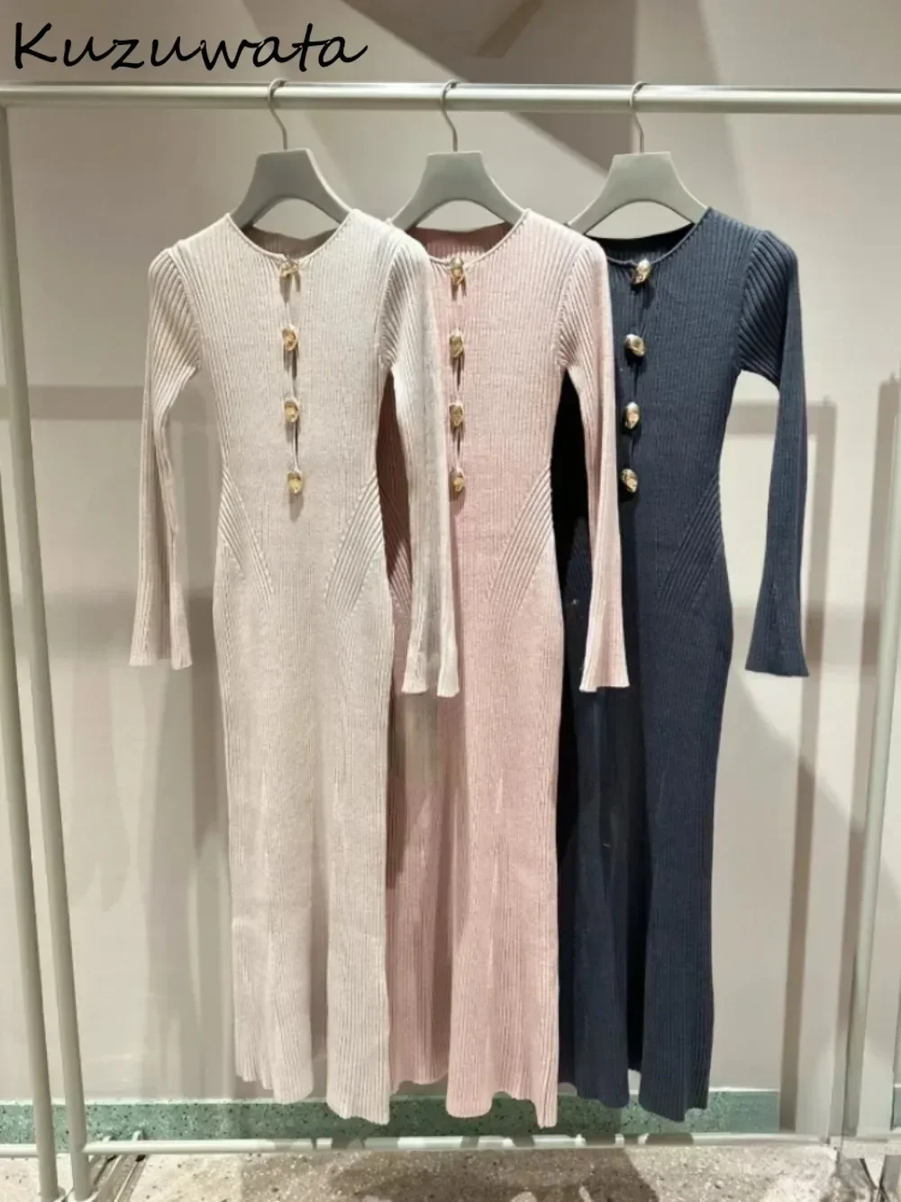 Kuzuwata Temperament Mid-length O Neck Flare Sleeve Robe Slim Knit Button Stripe New Dress Japan Moda Elegant Exquisite Vestidos