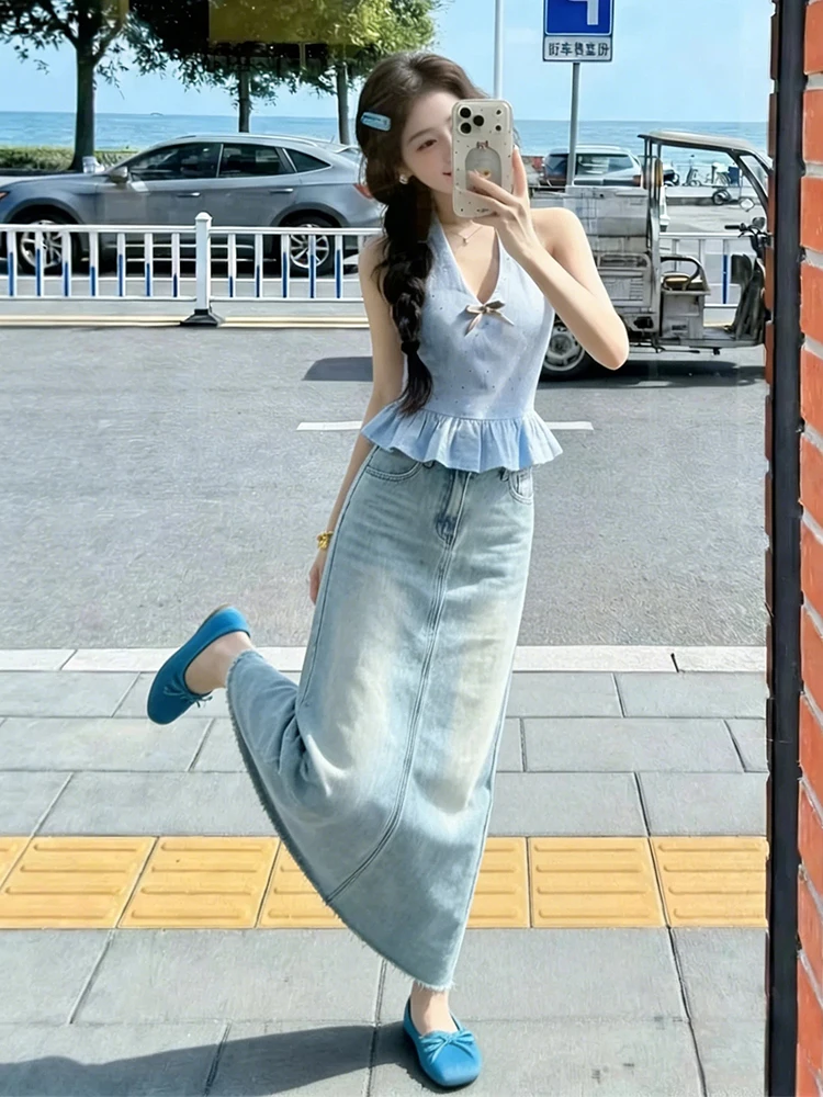 

Джинсовая юбка А-силуэта с высокой талией, женская, весенняя новинка, синяя, с рваным краем, в стиле ретро, американская, средней длины, повседневная