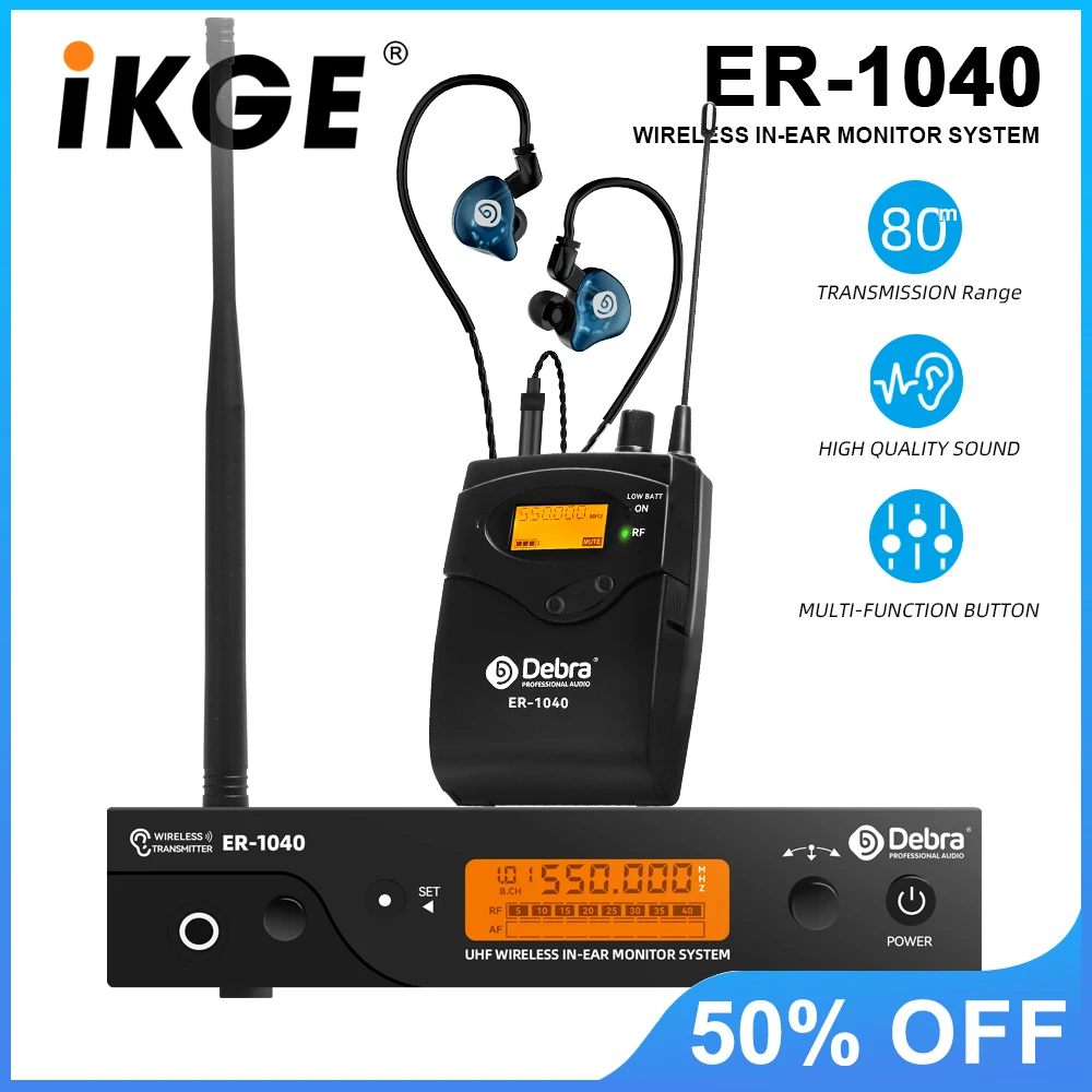 

Debra ER-1040 UHF In-Ear Monitoring Wireless System, with a transmission range of 80 meters, suitable for stages and churches