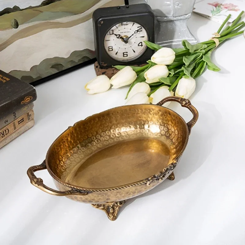 Light Luxury Retro Handmade Brass Hammer Pattern Decorative Bowl High End Double Ear Snack Jewelry Storage Tray Ornaments