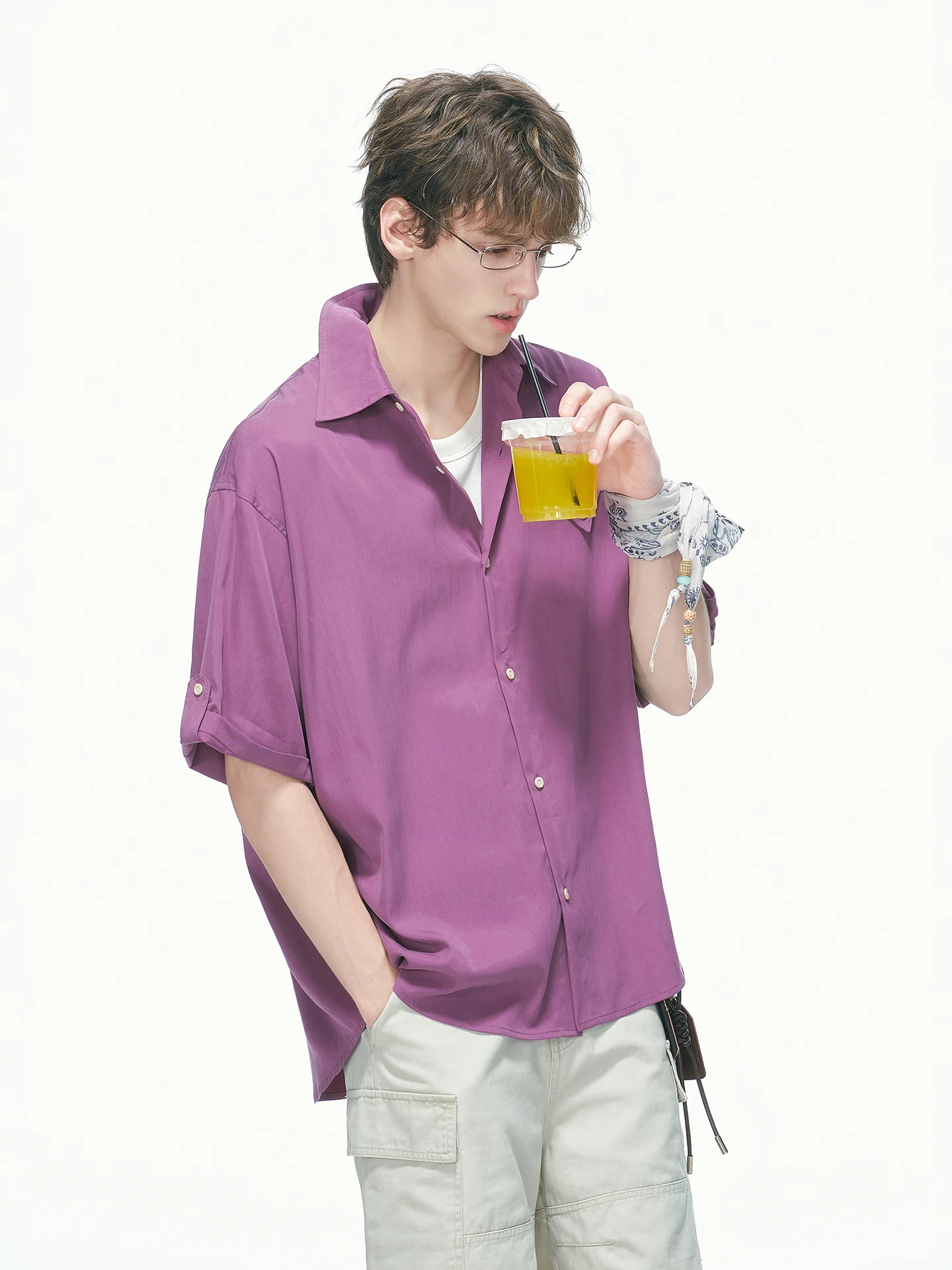 Dream Made Men's Summer Thin Breathable Silk Short Sleeve Shirt with Tie-Tie Shirt Loose Fit Casual Commute Style Pure Color