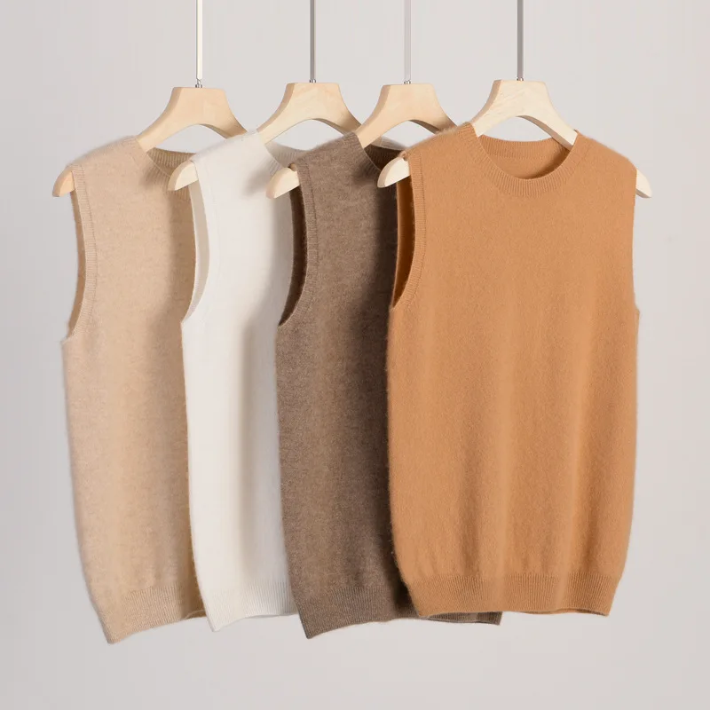 

Женский кашемировый жилет, вязаный пуловер с круглым вырезом, шерстяной топ без рукавов, верхняя одежда, многослойный женский топ