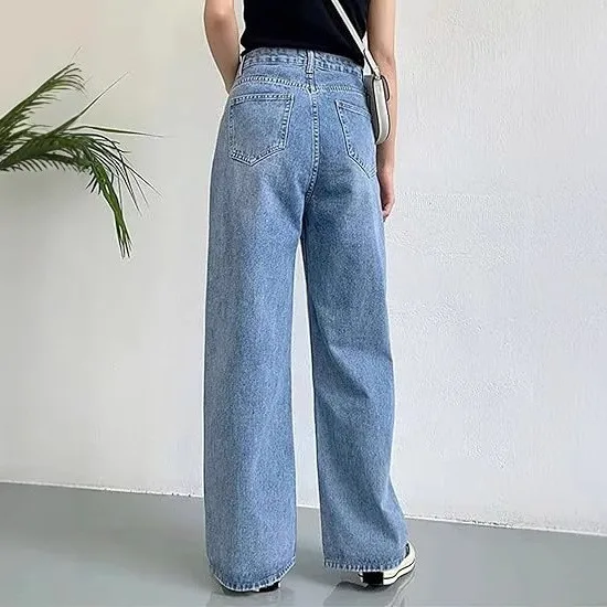 High Waist No Stretch Jeans Full Length with Stone Washed Medium Weight Straight Leg Elegant Commuter Summer Women Jeans