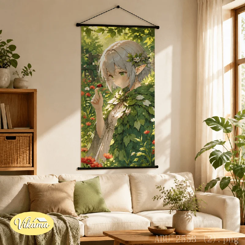 VIKAMA Vertical Landscape Hanging Scroll Deer Sunlight Green Forest Canvas Poster Japanese Wall Hanging Natural Home Decor