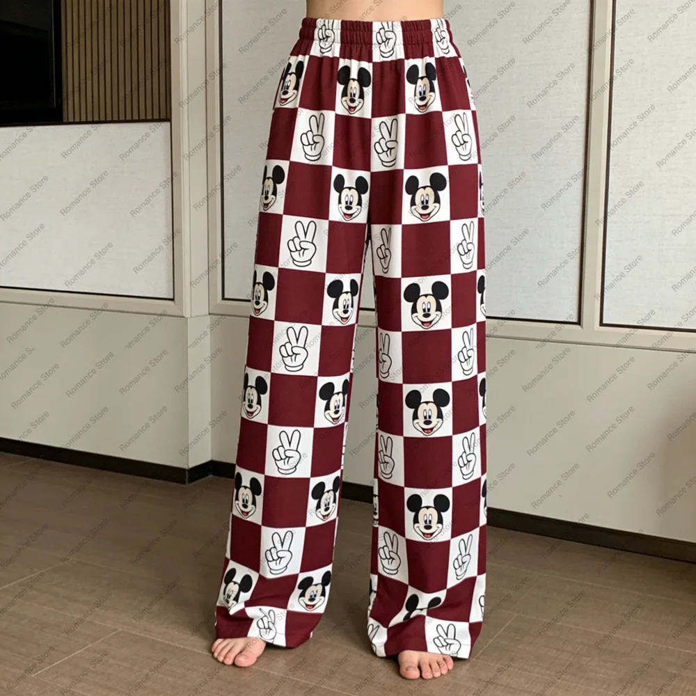

Новинка 2026 года: Женские широкие брюки в клетку с мультяшным принтом Disney, на эластичной талии, повседневные, для дома, мягкие, дышащие, для сна