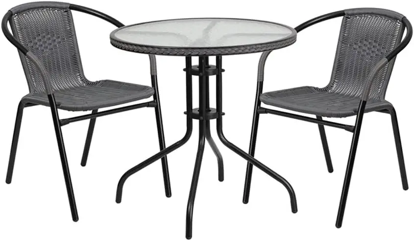 Pátio Jantando o grupo com a tabela redonda do metal do vidro, 2 cadeiras empilháveis do Rattan, Bistro interior e exterior, mobília, 3 pcs