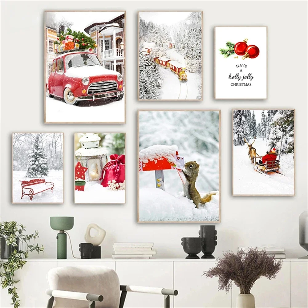 Winter Snow Tree Landscape Christmas Gifts Canvas PaintingPosters  Red Car Wall Art Print Picture Nordic Poster Home Decoration