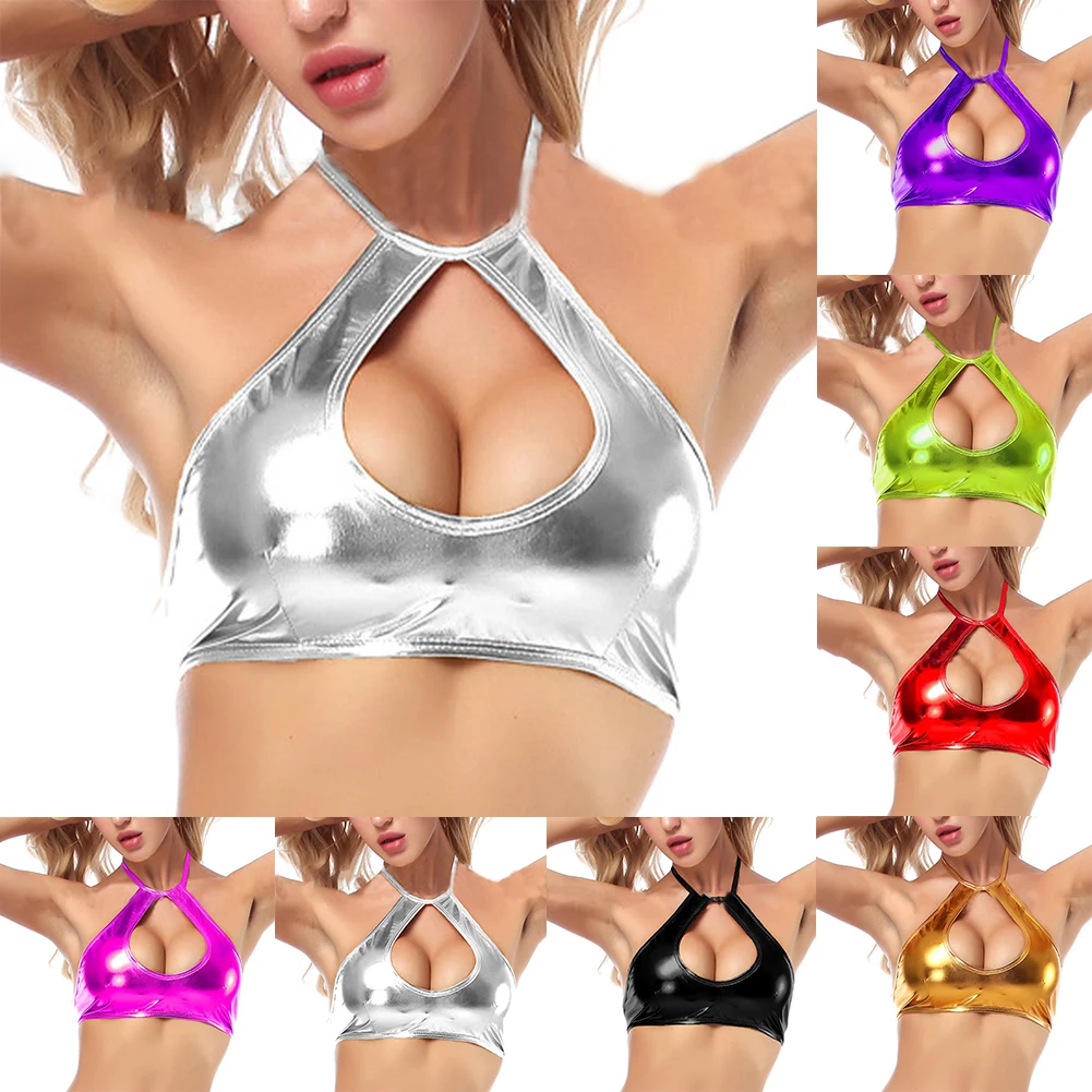 

Clothing Tops Crop Tank Tops Daily Dance Dance Club Sleeveless Slight Strech Solid Color Sports Bra Strap Half Crop Top Wet Look