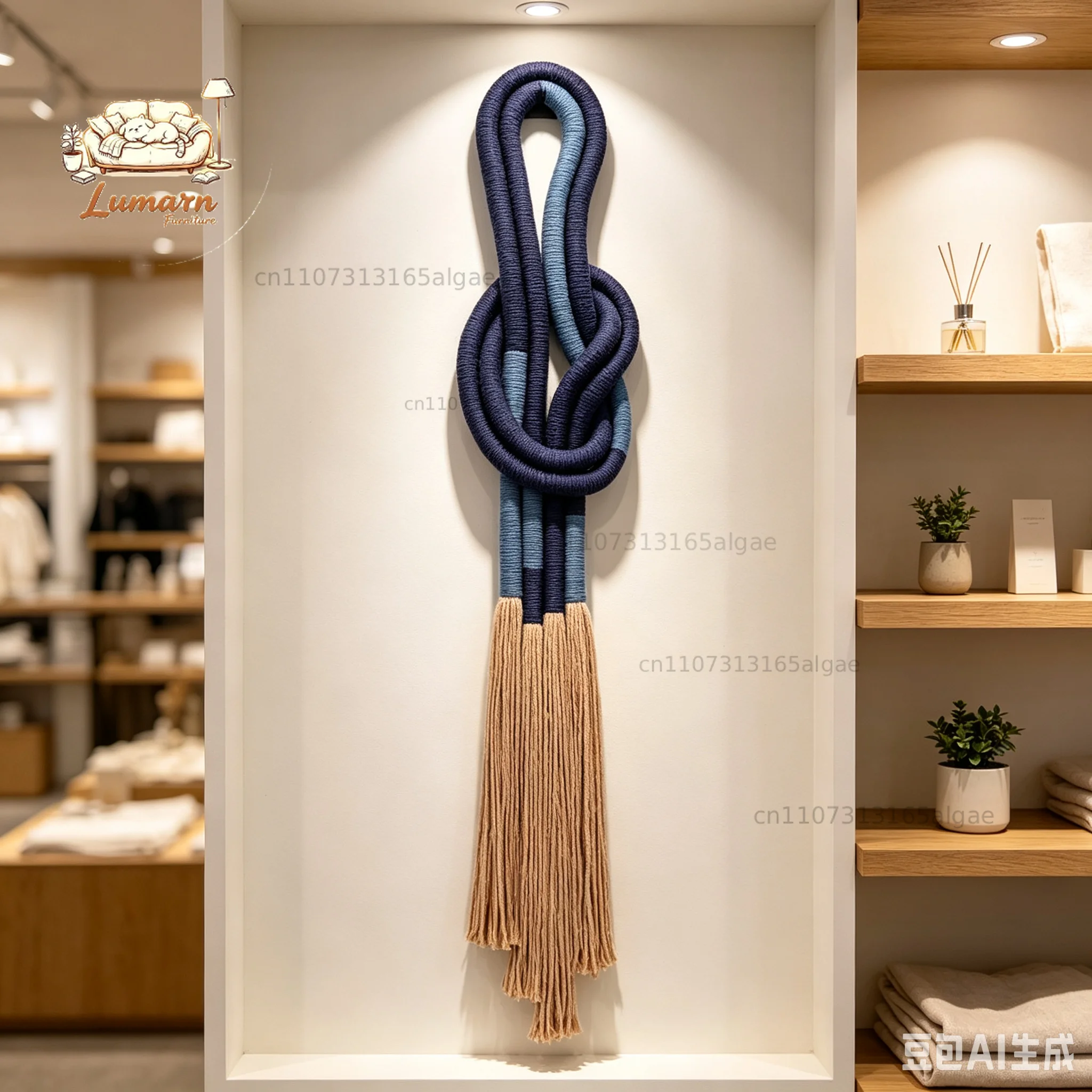 Gradient Blue Knotted Rope Macrame Wall Hanging Long Tassel Boho Minimalist Home Wall Decor Pendan