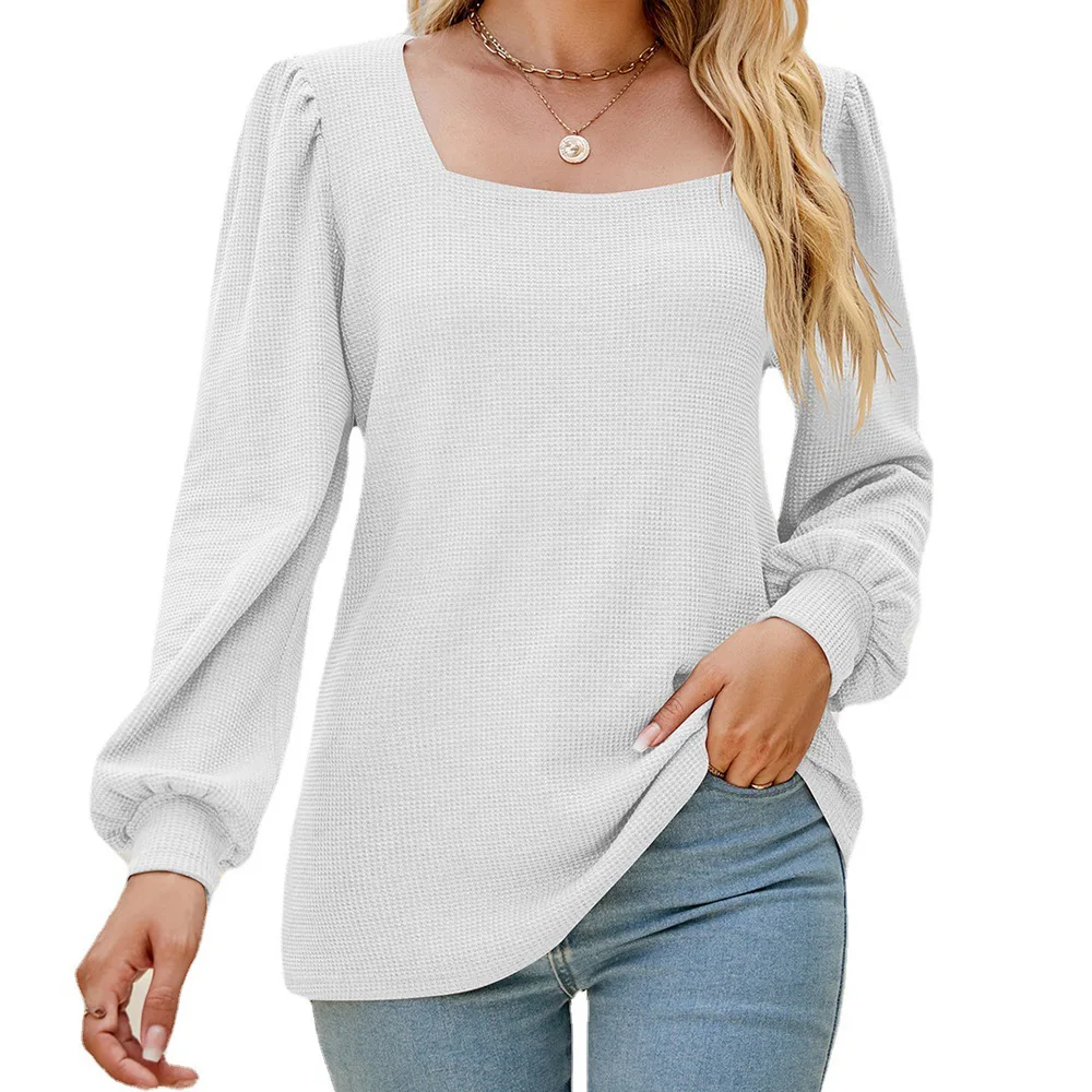 

T-shirt for Women Autumn and Winter New Square Neck Pleated Bubble Sleeve Loose Casual Solid Color Blouse