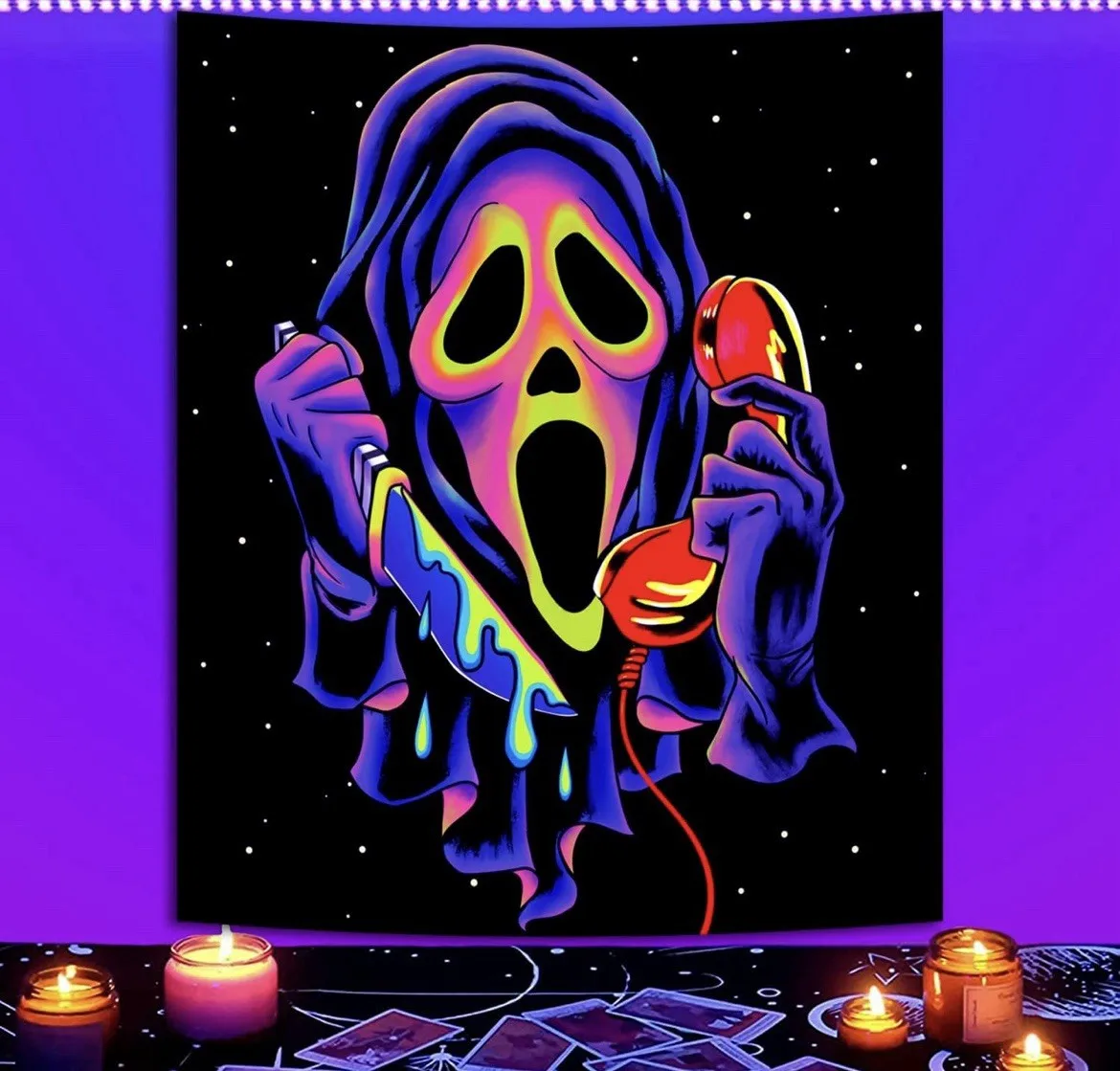Neon Scream Ghost Tapestry with Knife and Phone for Horror Room Decor Retro 90s Style Wall Hanging Black Background