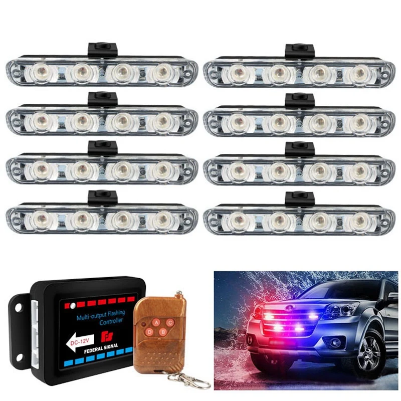 Emergency Strobe Lights Bars 4LED 8 in 1 Sync Surface Mount Light Flash Warning Lights with Wireless Remote Control Blue