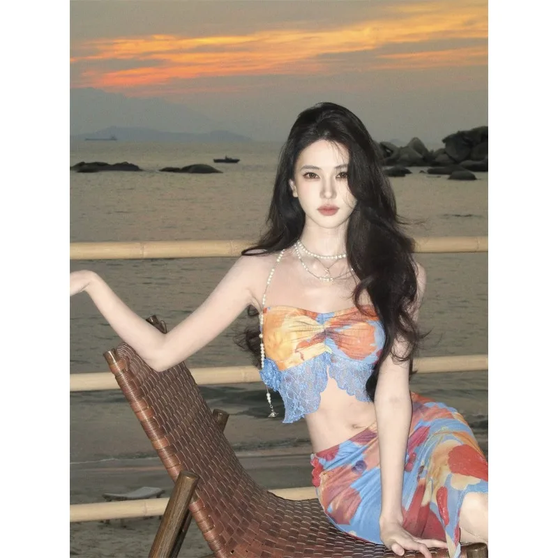 Women's Tropical Art Bikini Set, Push-Up Slimming Two-Piece Swim Dress with Cover-Up, Sexy Chic Hot Spring Resort Beachwear