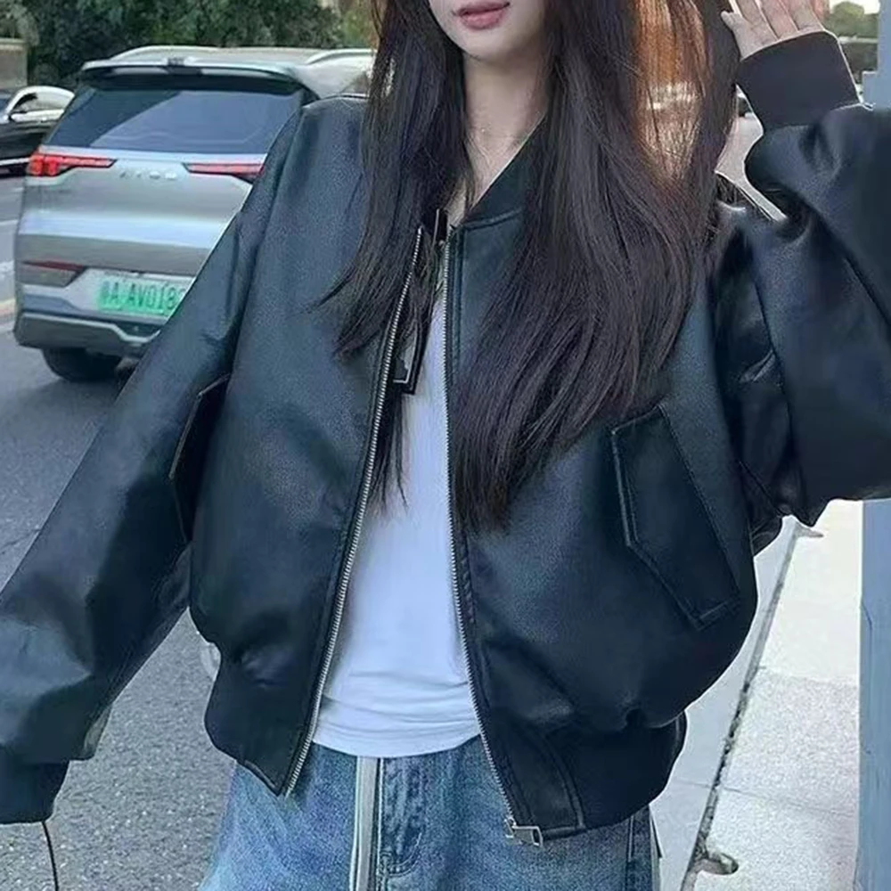 Preto curto jaqueta de beisebol jaqueta de couro feminino 2025 primavera novo couro do plutônio estilo legal retro solto locomotiva roupas