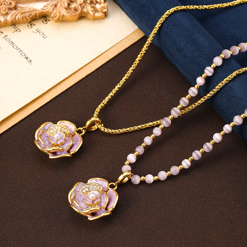 

Retro Enamel Camellia Pendant Cat Eye Stone Beaded Necklace Autumn and Winter Sweater Chain Light Luxury Niche Collarbone Chain