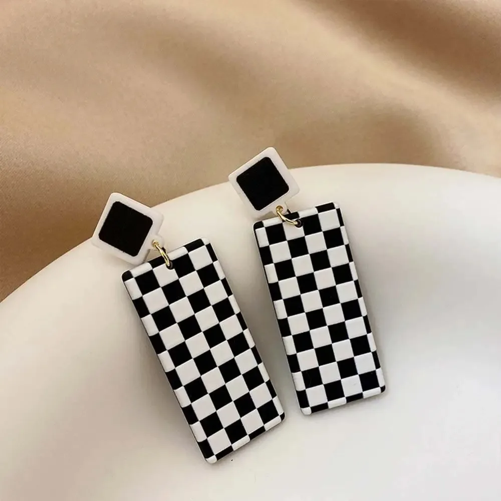 Jewelry Korean Style Checkerboard Square Black White Plaid Women Earrings Ear Studs Checkerboard Earrings Dangle Earrings