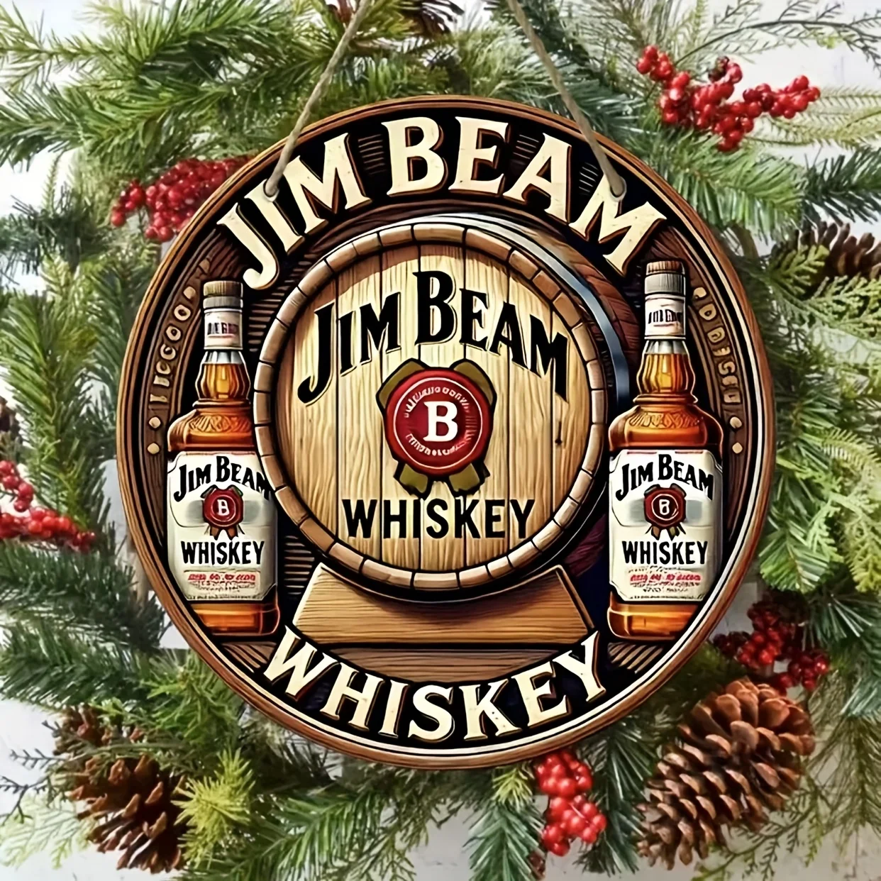 Jim's Beam Whiskey Wall Art in legno - Decorazione classica per botte e bottiglie per bar, cucine e sala da pranzo, facile da appendere