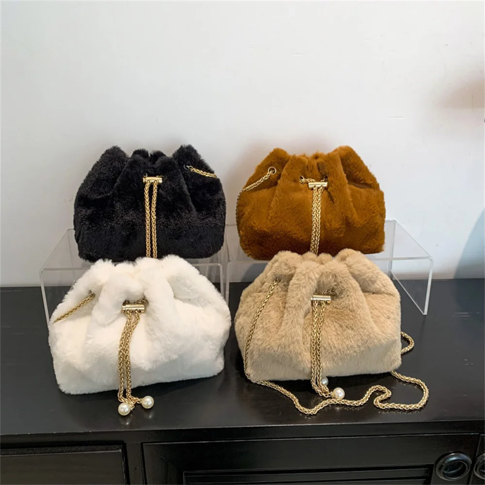 2024 New Plush Bag Casual Simple Pumpkin Shoulder Bags Fake Rabbit Fur Mobile Phone Crossbody Autumn Winter Cute Handbags