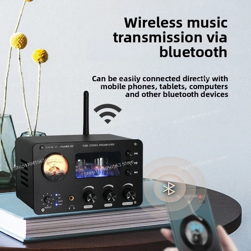 Hi-Fi Stereo Tube Preamp with Bluetooth 5.0, Lossless Audio Receiver with Bass/Treble Control, DAC USB Input for Home Audio