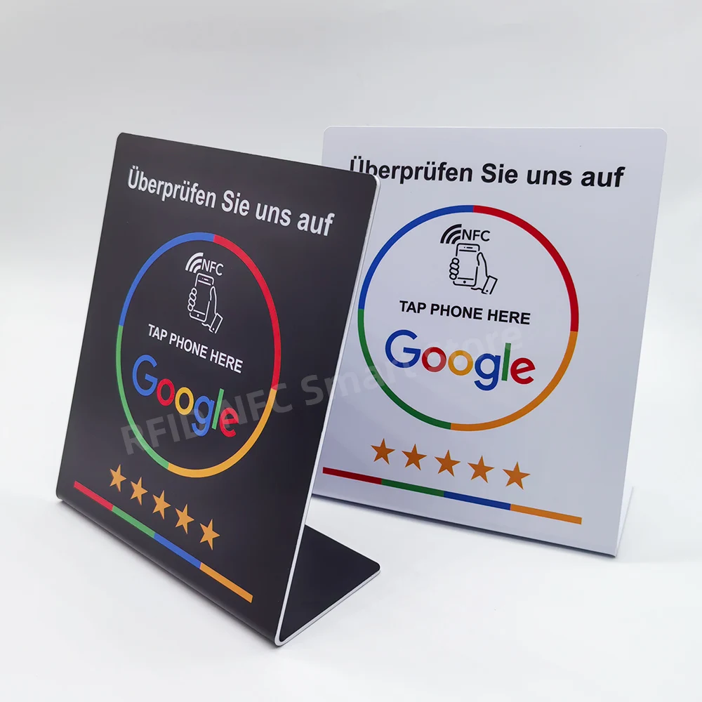 Support debout programmable pour carte Google Review, 13.56MHz, table de station NDavid, affichage Sie uns et Auf, bois