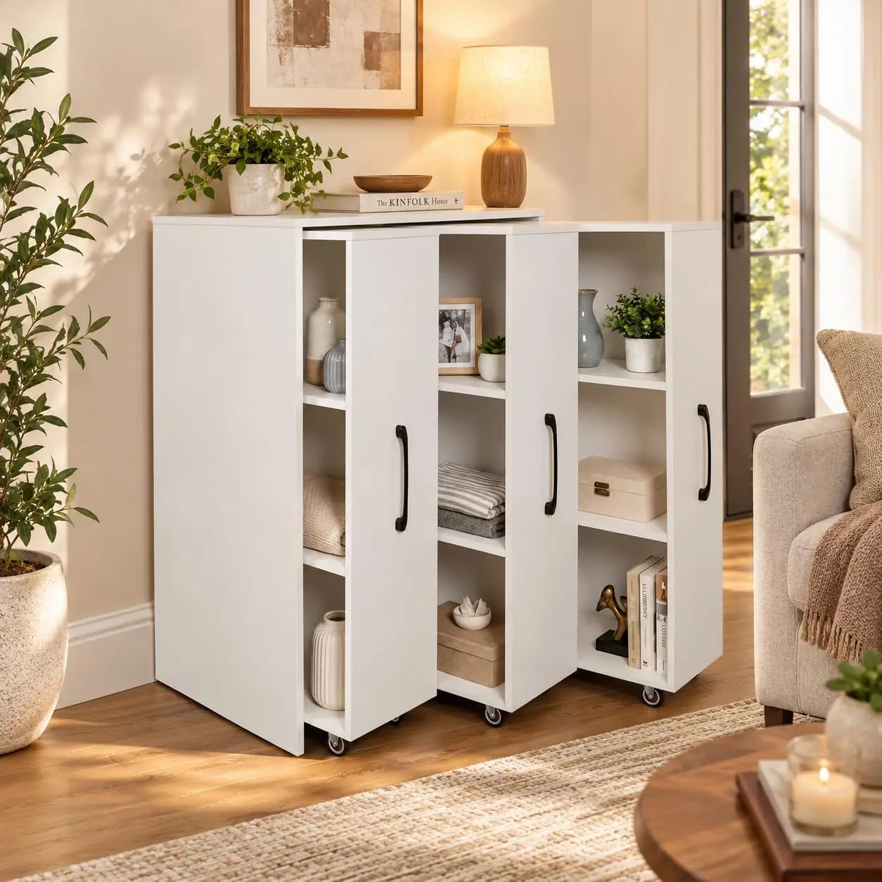 White Bookcase 3 Pull-Out Shelves, 3-Tier Shelf with Wheels, Rolling Storage Books Files, Office Bedroom Living Room, Customized