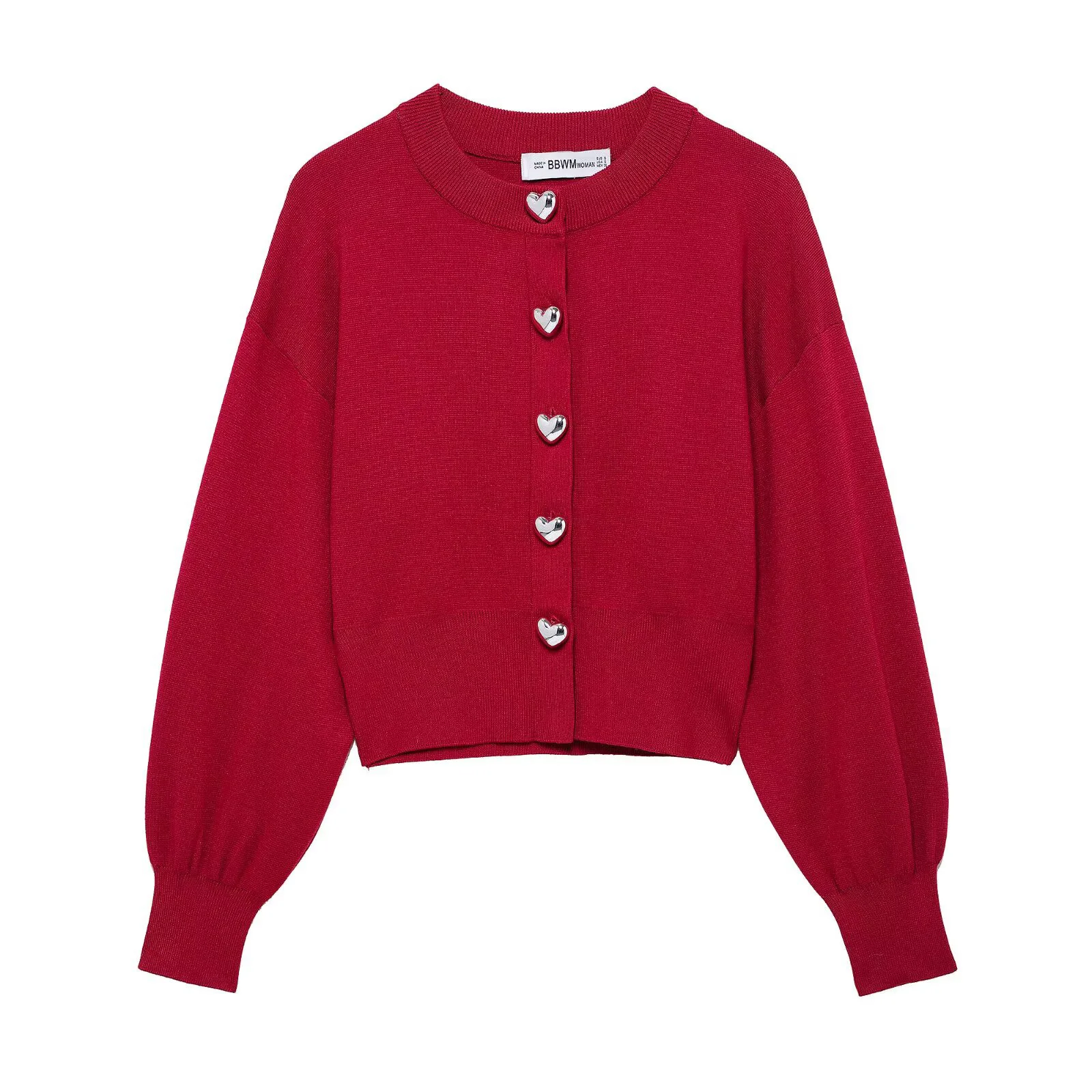 

2025 New Red Heart Round Neck Short Lantern Sleeve Knitted Cardigan Sweater Jacket For Women Spring And Autumn
