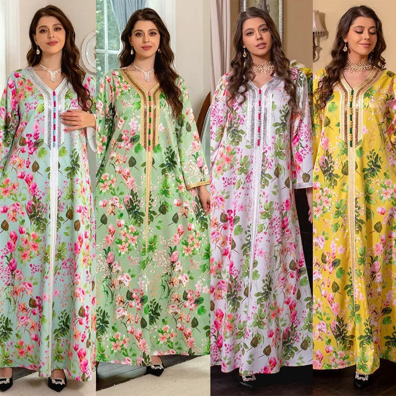 2025 Ramadan Floral Print Women Vintage Abaya Eid Mubarak Maxi Dress Dubai Jalabiya Kaftan Turkey Party Morocco Caftan Clothing