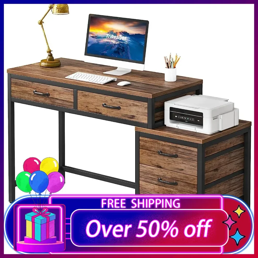 

Computer Desk with 5 Drawers, Home Office Desks with Reversible Drawer Cabinet Printer Stand, Industrial PC Desk with Storage