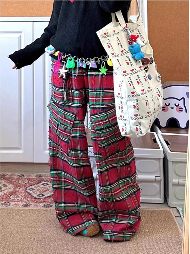 PBAP déchiré Plaid Cargo pantalon femmes bord brut bloc de couleur taille haute droite jambe large Baggy pantalon décontracté noël Vintage Streetwear