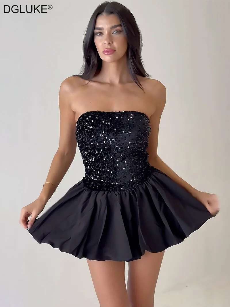 

DGLUKE Sexy Strapless Mini Dress Women Black Sequin Evening Party Dresses Slash Neck Backless Drop Waist Bubble Hem Summer Dress