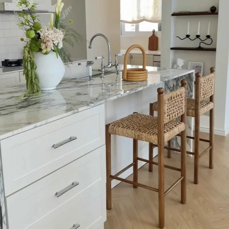 

French wabi-sabi wind solid wood dining chair home restaurant rope back chair hotel cafe negotiation chair