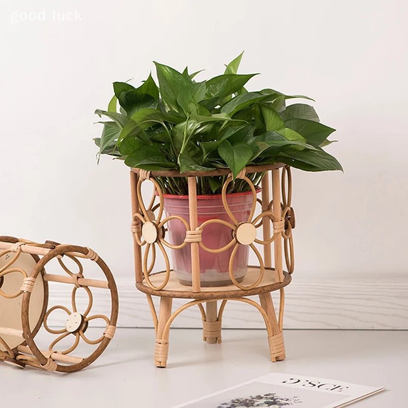 Hollow Flower Stand Hand-woven Imitation Rattan Plant Tripod Stand Pastoral Flower Baskets Stand Balcony Planter With Wooden Leg