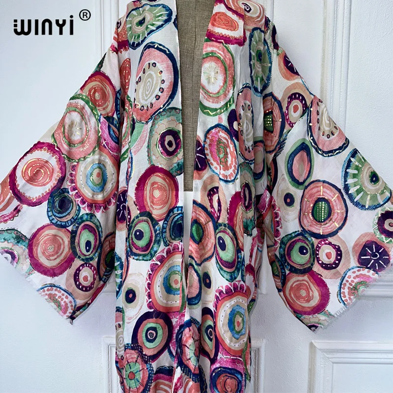 Winyi Kimono Vrouwen Zomer Print Hot Stamping Vest Vrouw Kaftan Abaya Dubai Luxe Strand Cover Up Boho Kleding Feestjurk