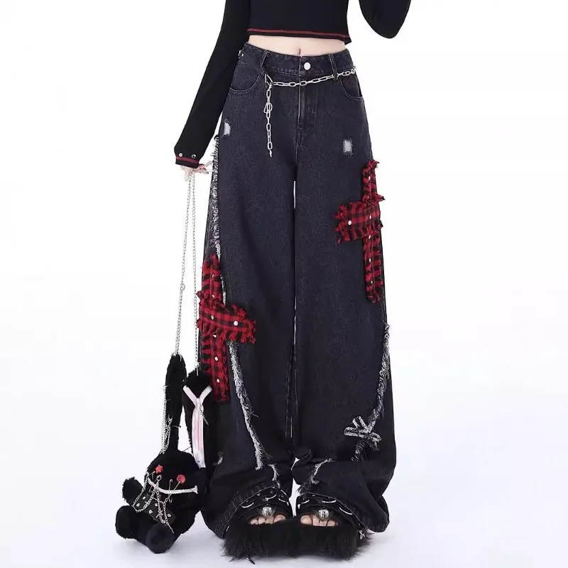 Women's Straight-leg Wide-leg Jeans Rock Punk Style Ripped New High-waist Loose Trendy Embroidered Droop Floor-length Pants