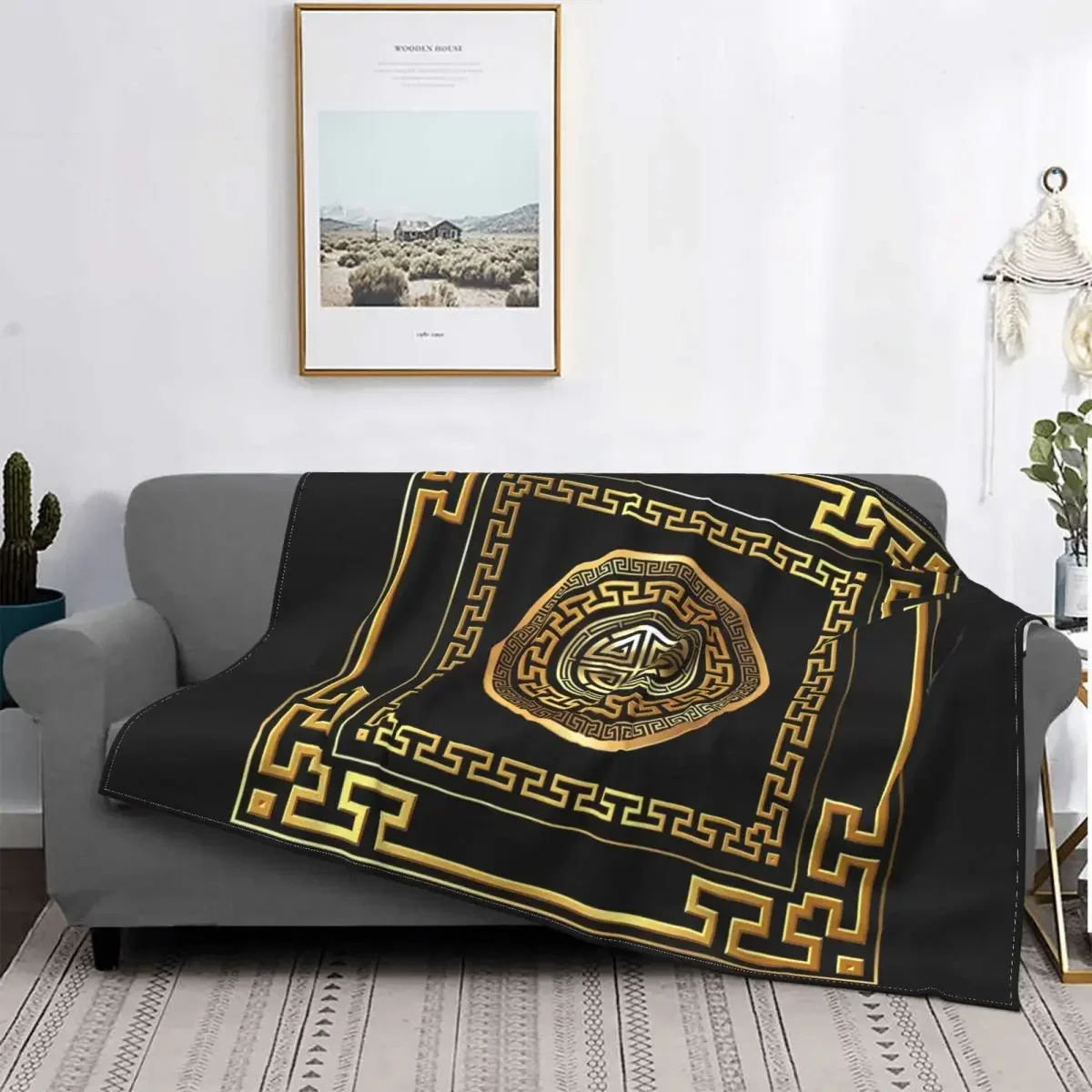 

Greek Key Meander Black Gold Throw Blanket Super Soft Velvet for Sofa Car Bedspread SpringAutumn Portable Large Blanket
