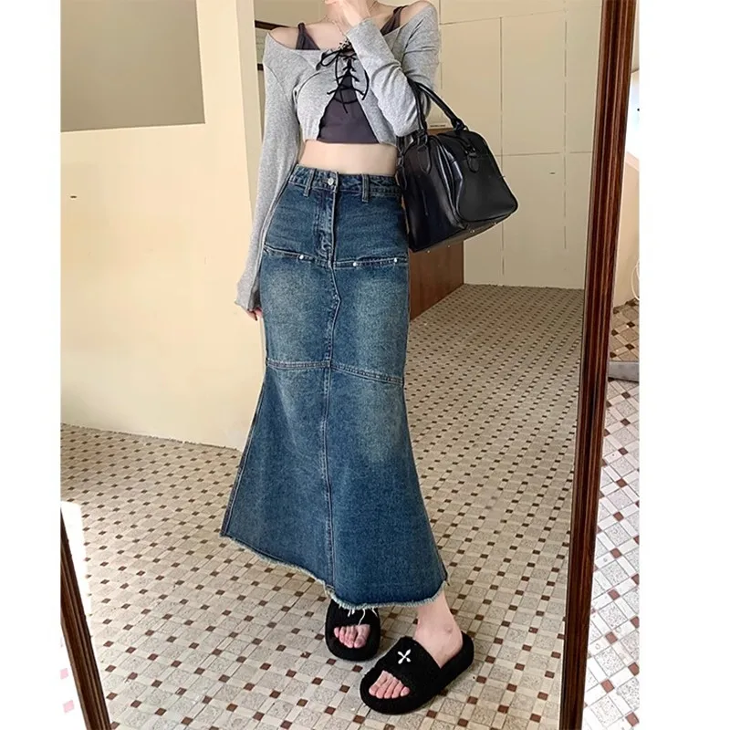 

GUUZYUVIZ Vintage Splice High Waist Denim Mermaid Skirt For Woman Pop Series Raw Hem Decorate Design Midi Jean Skirts Femme