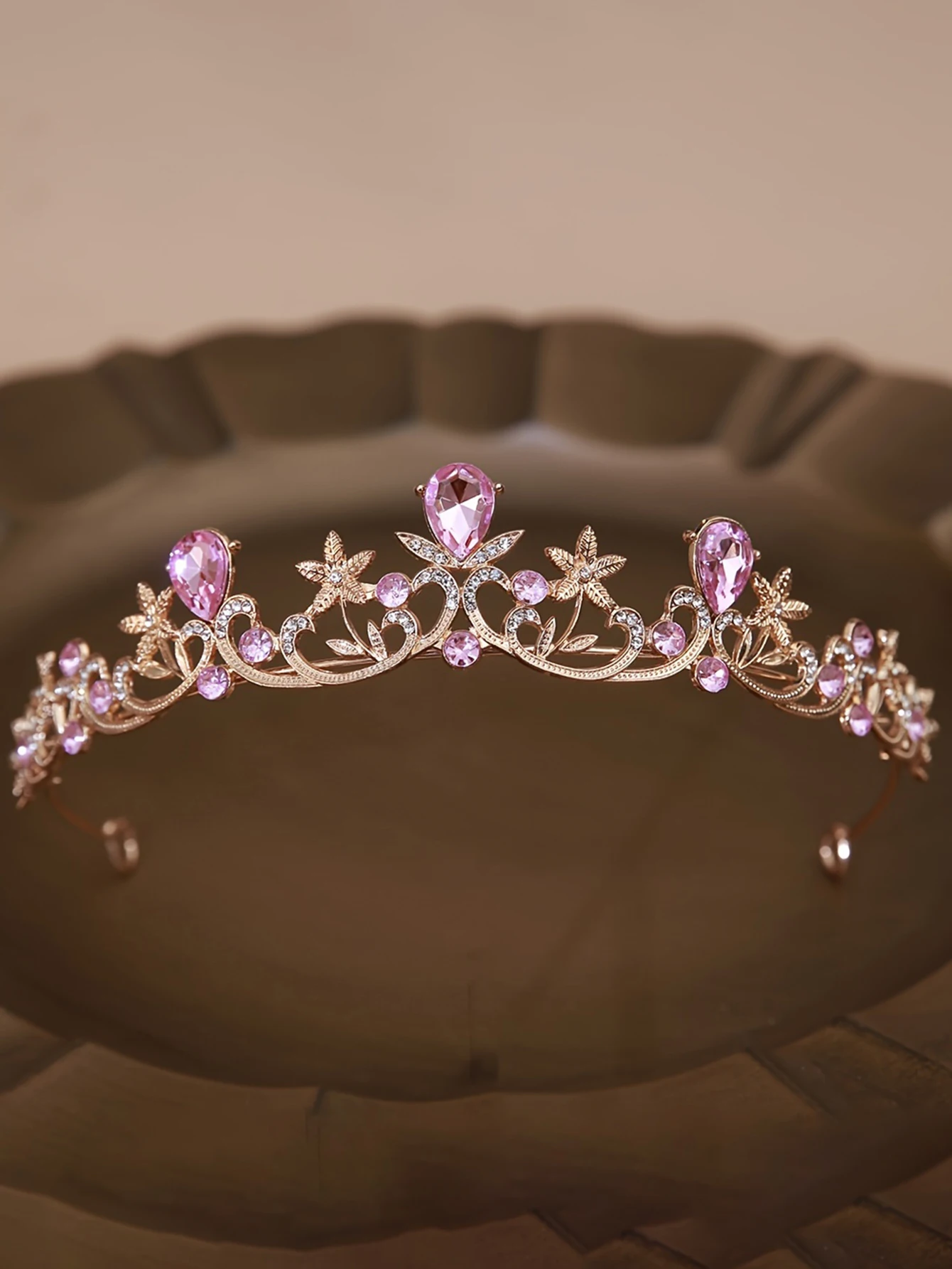 Golden Rose Gold Red Diamond Crown for Bridesmaid Headpiece Light Luxury Style Red Crystal Hairband. Wedding Dress, Formal Wear view 4