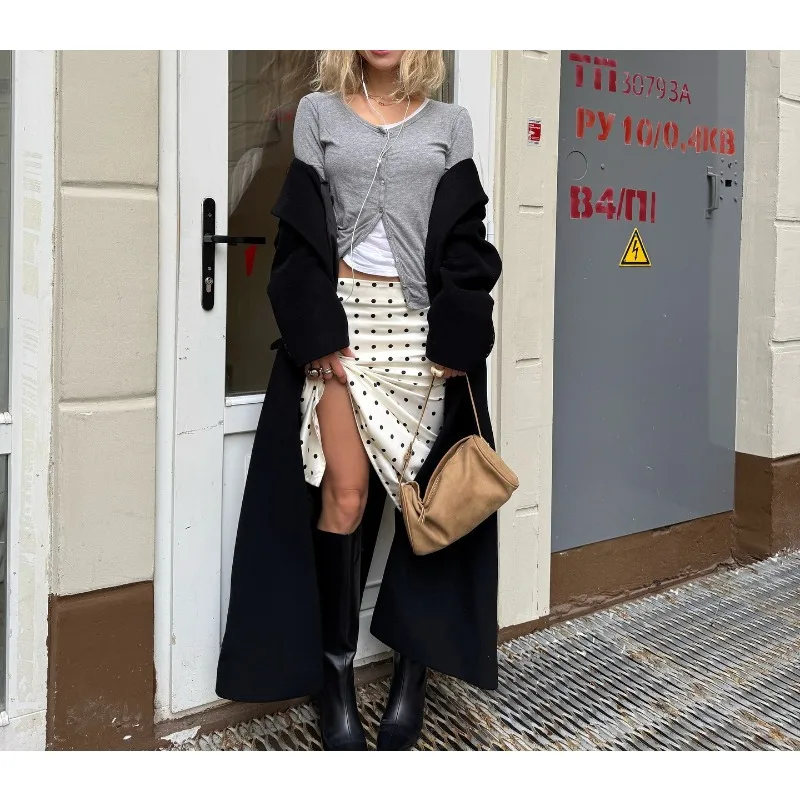 2505 Women's  Polka Dot Soft Long Stain Skirts Casual Chic Streetwear New High Waisted Street Skirt A-line  White Vintage